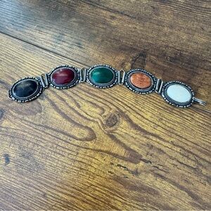 Vintage Multi Color Cabochon‎ Boho Panel Bracelet Silver Tone Southwest Style